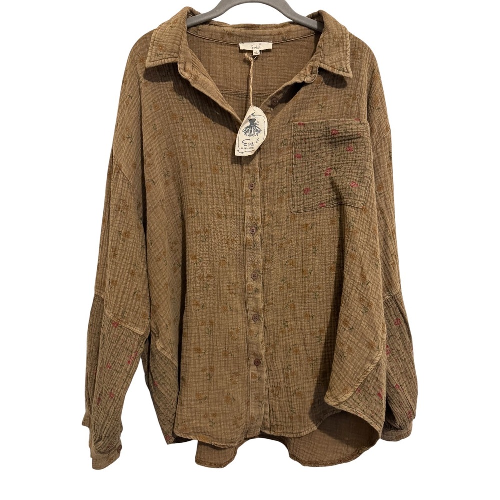 Easel Button Down Shirt Women's L Brown Cottagecore Boho Soft Floral Gauze Top - Picture 11 of 12